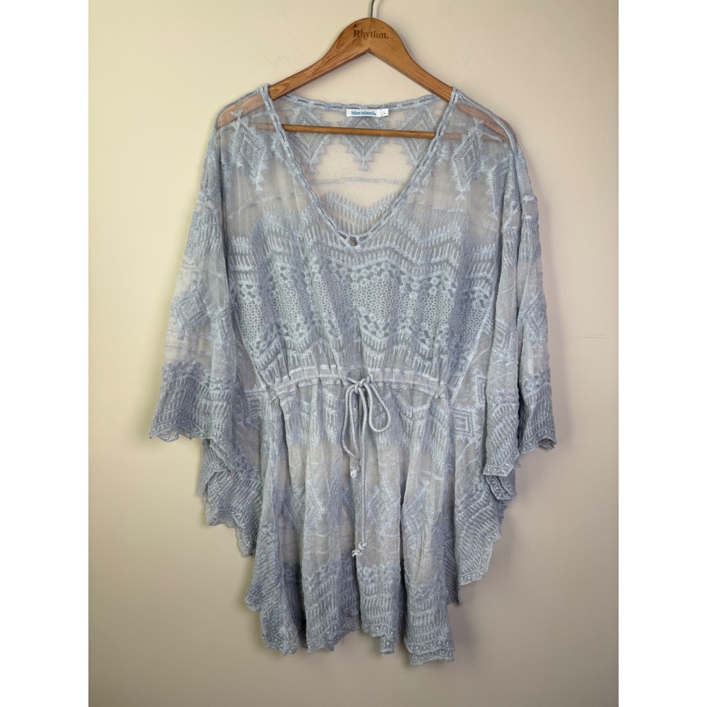 Blue Island Womens Sheer Lace Kaftan Cover Up Light Blue Drawstring Waist Large